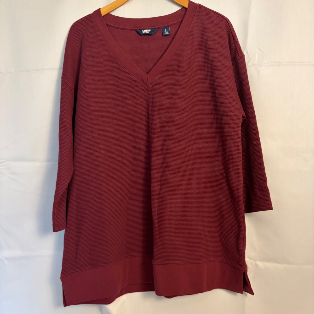 Lands End Womens Burgundy Waffle Knit V-Neck Tunic Top 3/4 Sleeve Size L 14-16